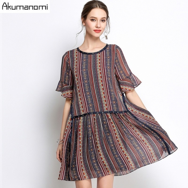 Summer Striped Chiffon Dress Women Clothing Beading O-neck Flare Half Sleeve Dress High Quality Plus Size 5XL 4XL 3XL 2XL XL L M 1 Beading O-neck Flare Half Sleeve Dress High Quality Plus Size 5XL 4XL