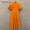 V Neck Puff Sleeve High Waist Button Hollow Out Midi Dress