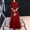 Xnxee Full Sequins Shining O-neck Half Sleeve Formal Dresses Women Vintage Wine Red Long Party Vestido de novia