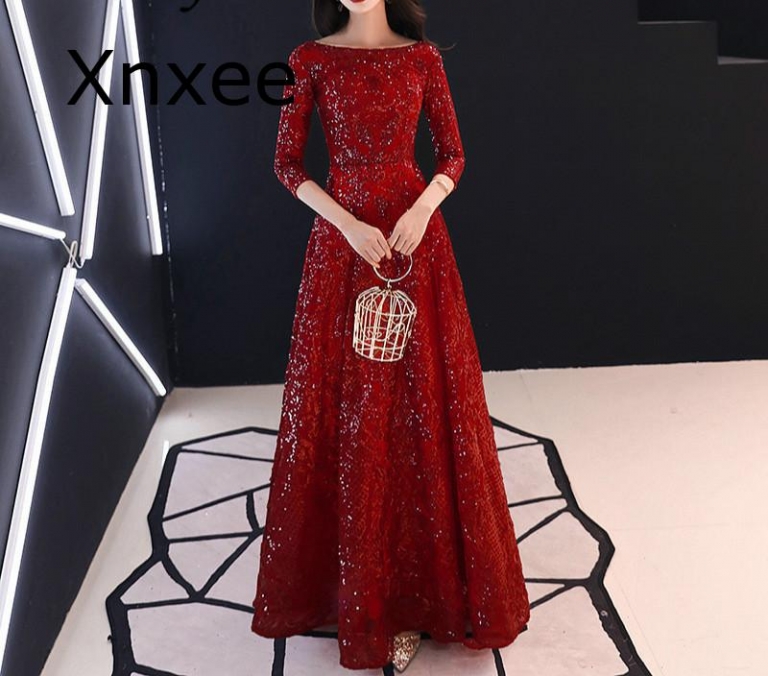 Xnxee Full Sequins Shining O-neck Half Sleeve Formal Dresses Women Vintage Wine Red Long Party Vestido de novia