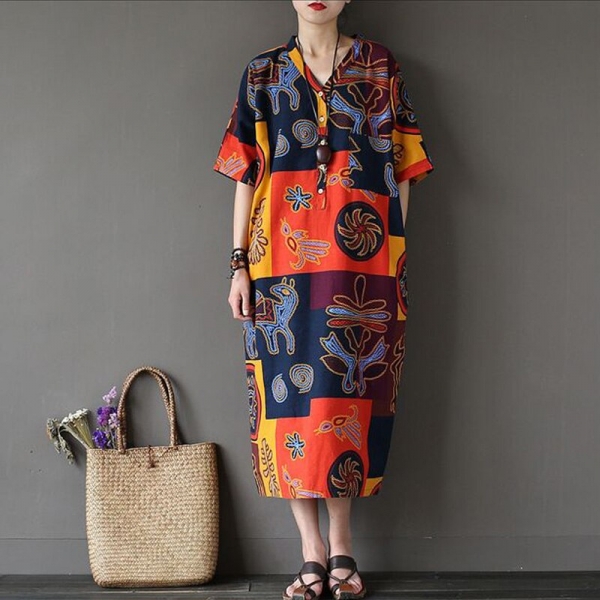 Robes Print Flower Dress V-Neck Half Sleeve Loose Casual Plus Size Dress