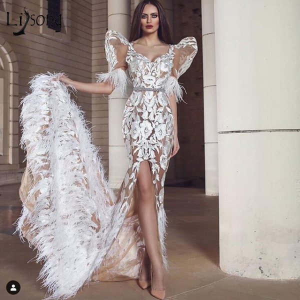 New Floral Lace Mermaid Bridal Dresses Luxury Feather Side Split Long Prom Gowns Half Sleeves Formal Party Dress 1 Bridal Dresses Luxury Feather Side Split Long Prom Gowns Half Sleeves
