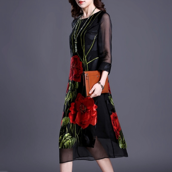Plus Size Vintage Loose Women Print A-Line Dress New Pattern