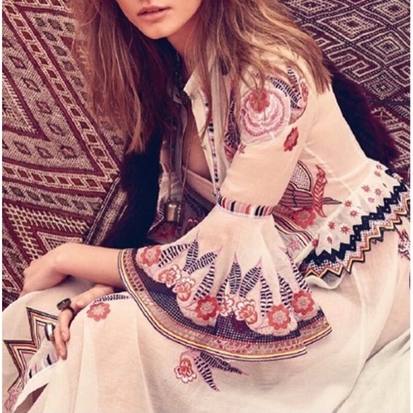 HIGH QUALITY New Fashion 19 Summer Runway Dress Women's Sweet Half Flare Sleeve Bow Collar Gauze Embroidery Flower Dress