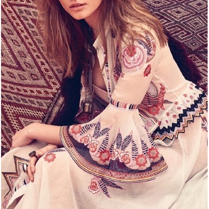 HIGH QUALITY New Fashion 19 Summer Runway Dress Women's Sweet Half Flare Sleeve Bow Collar Gauze Embroidery Flower Dress
