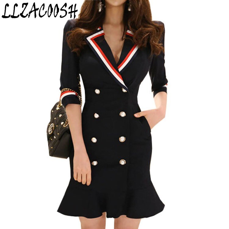 High Quality 18 New Spring Women’s Notched collar Half Sleeve Double-breasted Pleated Temperament Dress Long Suit Jacket