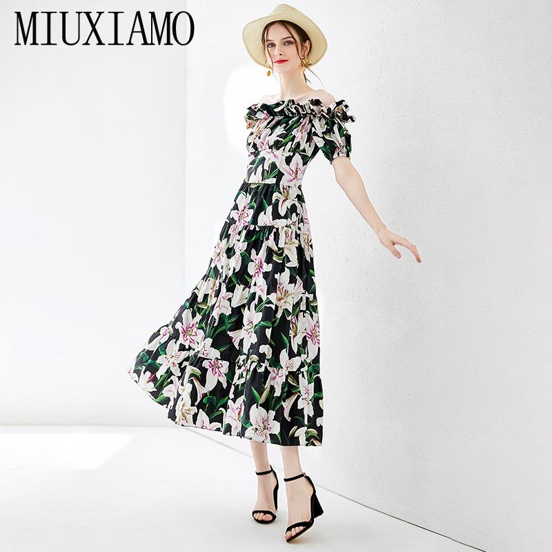MIUXIMAO Top Quality 19 Fall Dress Lily Flower Ptint Half Sleeve Dress Ruffles Eleghant Cotton Casual Dress Women Vestidos