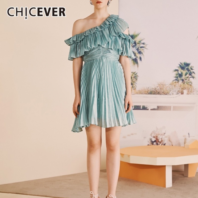 CHICEVER Blue Casual Solid Ruffles Women Dress Off Shoulder Half Sleeve High Waist Mini Pleated Dresses Female Fashion 19 New