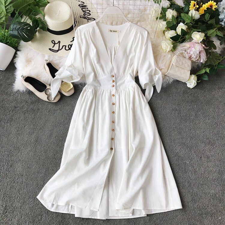19 new fashion women’s dresses Vintage half sleeve length summer dress white linen V-neck holiday