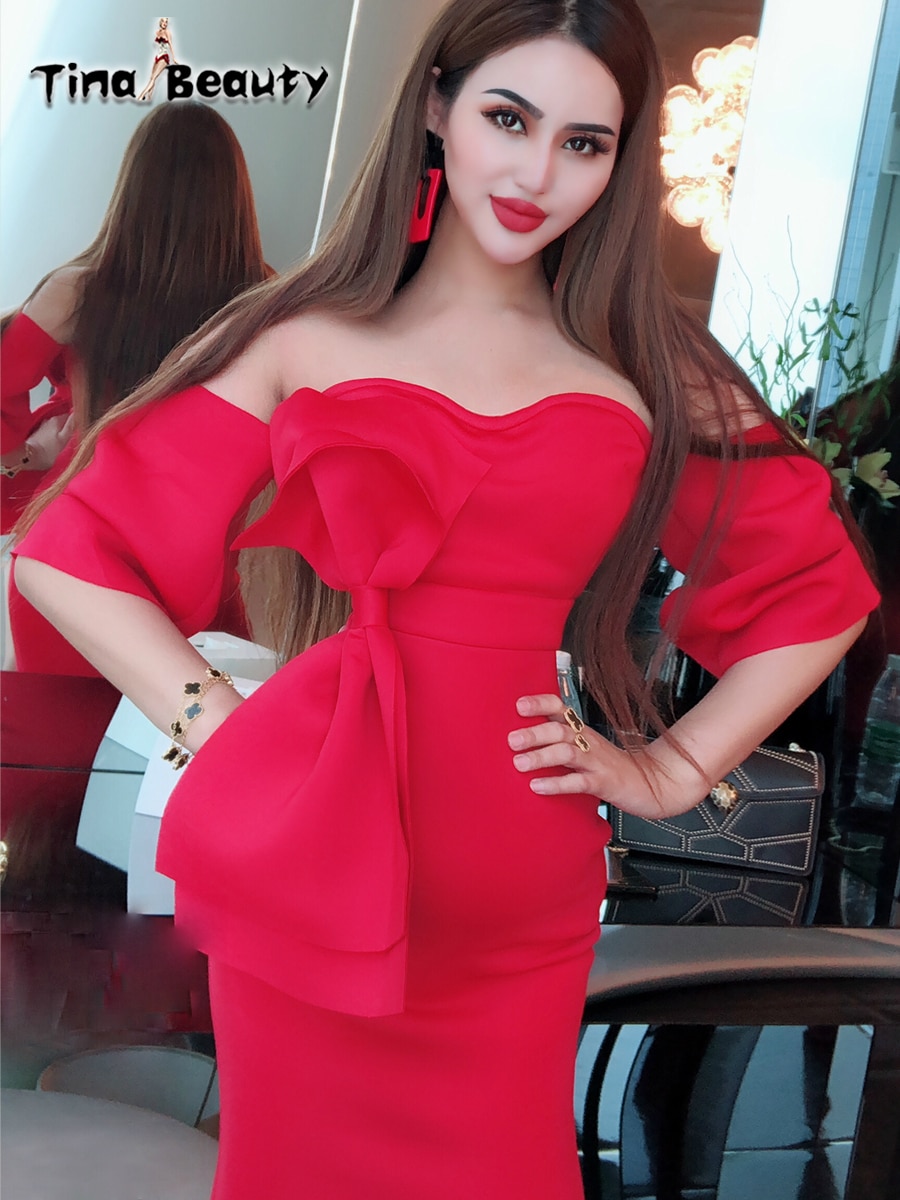 TinaBeauty New Arrival Big Bow Red Dresses 19 Summer Sexy Slash Neck Half Sleeve Bodycon Dress Women Party Prom Wear Red Dress 2