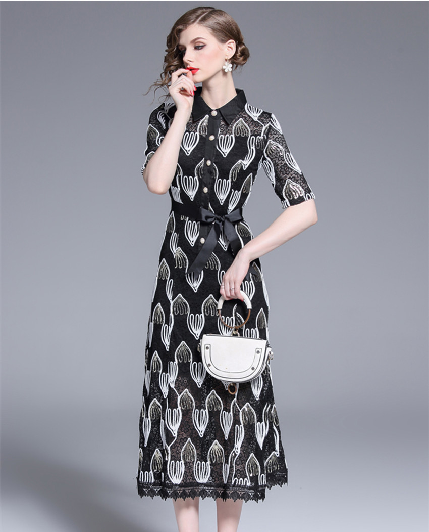 Half Sleeve Patchwork Hollow Out Floral Dress Vintage Sequine