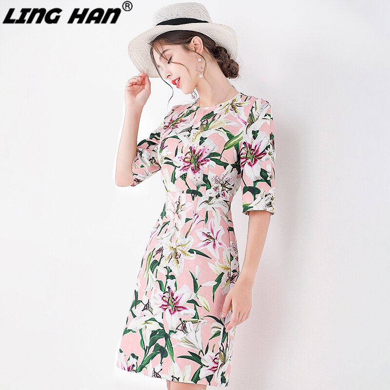 Flower Buttons Beads Half Sleeve Dress For Women Floral Print