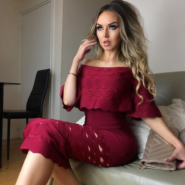 Wine Red Slash Neck Hollow Out Half Sleeve Bodycon Bandage Dress