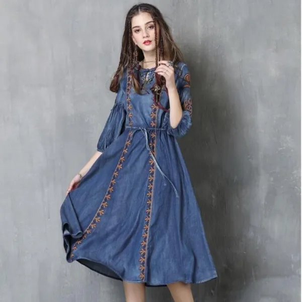 #2412 Autumn Embroidery Round Neck Denim Dresses Women Fashion Vintage Tie Waist Half Lantern Sleeve Washed Jeans Dress Tide 1 Autumn Embroidery Round Neck Denim Dress – Vintage Tie Waist Half Lantern Sleeve Jeans Dress for Women