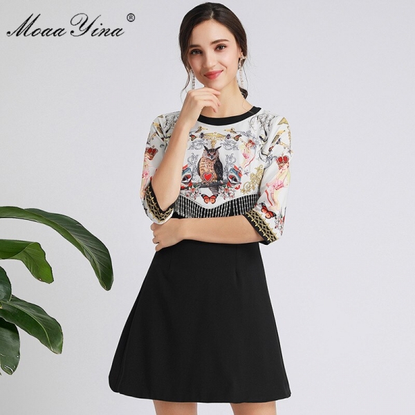 MoaaYina Fashion Designer dress Spring Autumn Women's Dress Half sleeve Crystal Tassel Print Dresses