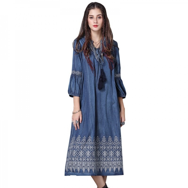 WSYORE Large Size Denim Dress Women 19 Spring Vintage Embroidered Half Sleeve Dress Casual Long Dresses Vestidos NS1148 WSYORE Large Size Denim Dress Women 19 Spring Vintage Embroidered Half Sleeve Dress Casual Long Dresses Vestidos NS1148