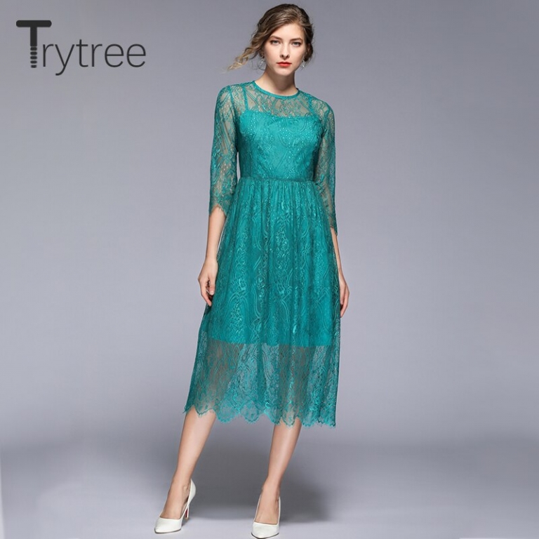 Trytree 19 Summer Autumn Casual Lace Dress Geometric embroidery women Half sleeve dresses Knee-Length A-line Office Lady Dress
