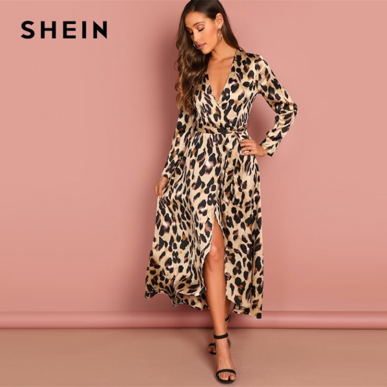 SHEIN Going Out Multicolor Surplice Wrap Satin Leopard Deep V Neck Half Sleeve Dress Elegant Women Autumn Modern Lady Dresses