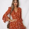 Floral Print Boho Dress Casual Deep V Neck Ruffles Beach