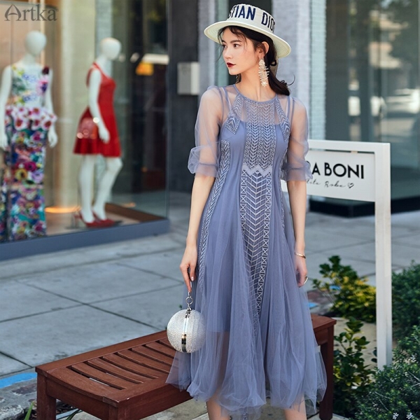 ARTKA 19 Summer Women Dress Elegant Embroidery Mesh Stitching Dresses For Women Two-piece Set Half Sleeve Dresses JL19010 3 Elegance Redefined: Summer Embroidery Mesh Dress Set for Women