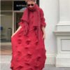 Diamond pleats dress half sleeve solid color stand collar loose