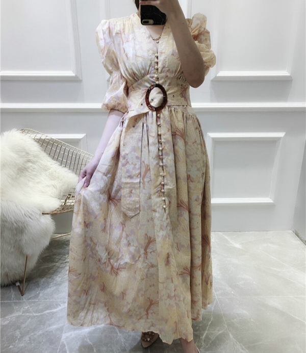 Runway Women Maxi Long Dress Sashes Printed V-neck 19 Summer Half Lantern Sleeves Dresses High Quality Feminine Button Vestido