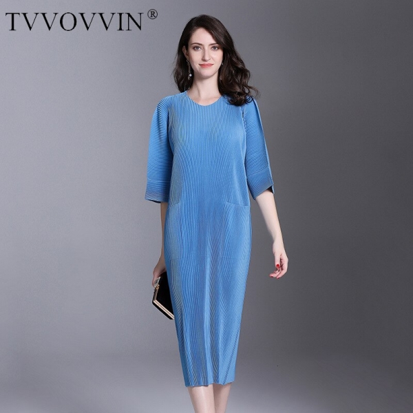 Autumn And Winter Pleats Loose O-neck Half Sleeve Double Pockets Elastic Dress Female's Personality Cloth Vestido D052