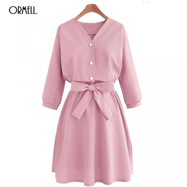 ORMELL Women Fashion Half Sleeves Casual Dresses 18 Spring Summer Elegant Female Solid Color Sweet V-Neck Sexy Dress Hot Sale