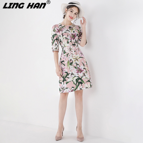 Flower Buttons Beads Half Sleeve Dress For Women Floral Print
