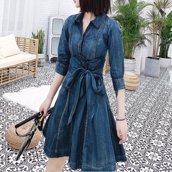 Denim dress women 19 spring new single-breasted retro slim high waist half Sleeve jeans dress a-line 1 Single-breasted retro slim high waist half Sleeve jeans dress