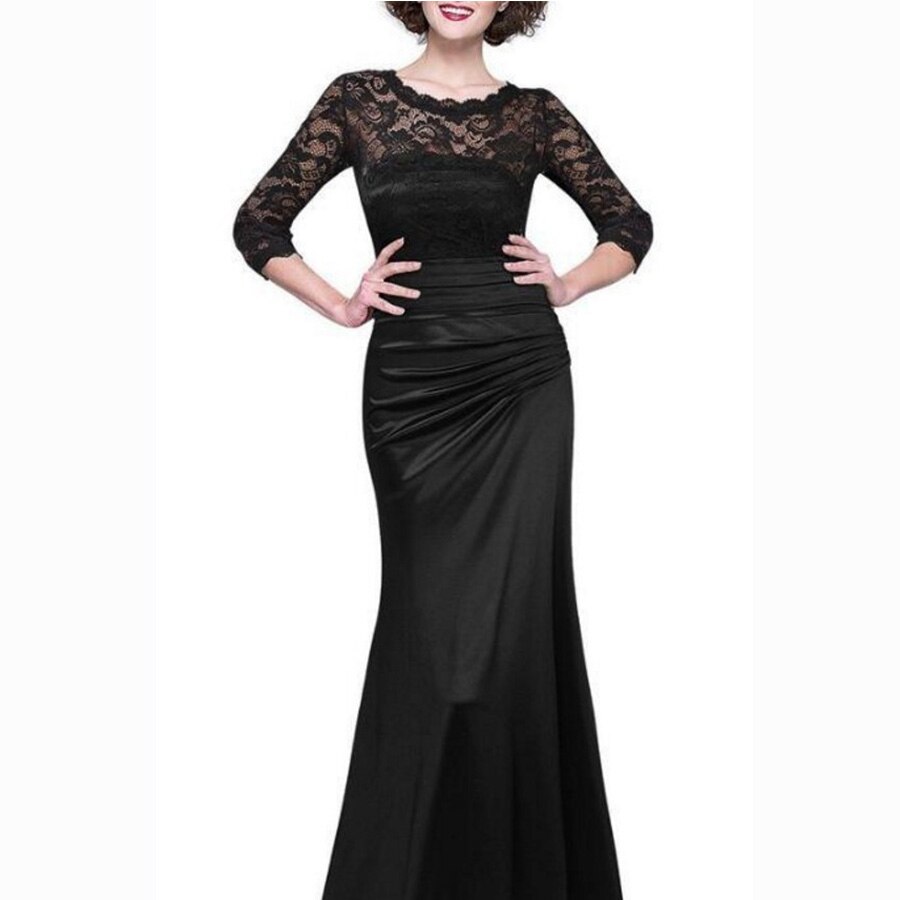 Dower Me Women Vestidos Half Sleeve Solid Lace A-Line Party Dress Y072 O-Neck Floor-Length Zipper Ruched Women Dress 2 Half Sleeve Solid Lace A-Line Party Dress O-Neck Floor-Length Zipper