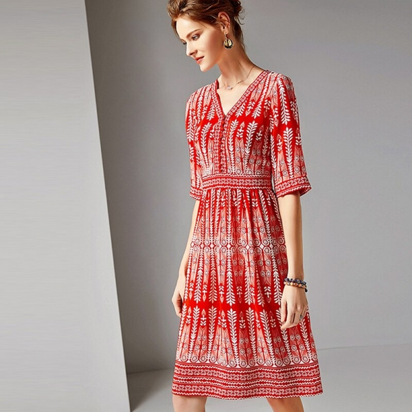 Dress Women 100% Silk Fabric Printed V Neck Half Sleeves High Waist Casual Style Dress New Fashion Spring 19