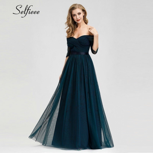 Elegant Long Women Dresses A-Line Solid Color Half Sleeve V-Neck Ladies Summer Maxi Dresses 19 Vestidos De Fiesta De Noche