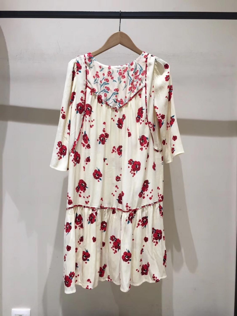 Women Half Sleeve Loose Mini Dress Red Flower Print V Neck High Waist Summer Dress