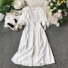 Vintage half sleeve length summer dress white linen V-neck