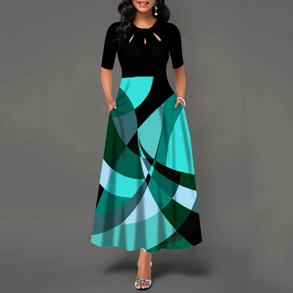 Round Neck Bowknot Vintage A Line Printing Women Maxi Dress Standard-Waist