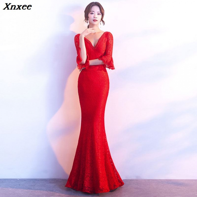 Xnxee Women Elegnat Red Lace Flare Half Sleeve Mermaid Long Prom Sexy Backless Club Party Dress Xnxee