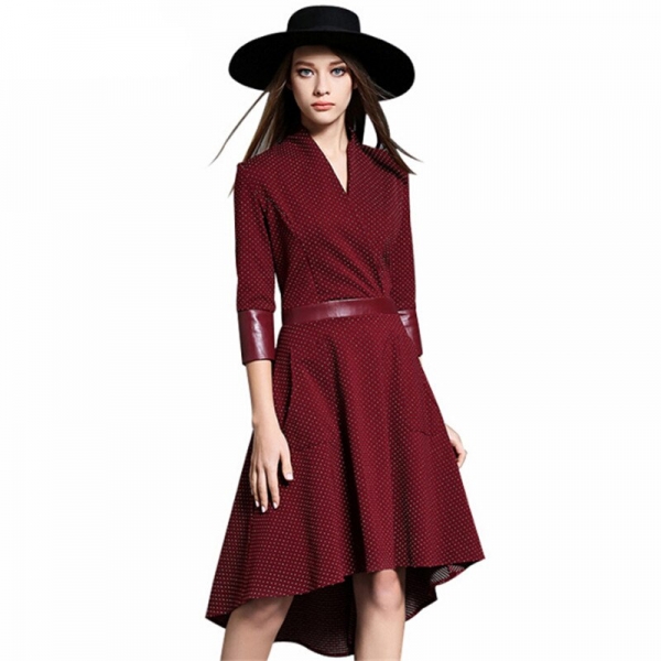 Vintage Irregular Dress Autumn PU Patchwork V Neck Half Sleeve Slim Party Dresses Vestidos Office Work Black Red Plus Size Vintage Irregular Dress Autumn PU Patchwork V Neck Half Sleeve Slim Party Dresses Vestidos Office Work Black Red Plus Size