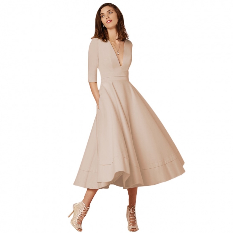19 Elegant Evening Party Gown Dress for Women Sexy V Neck Half Sleeves High Waist Pocket Dress Pleated Swing Midi Dress Women