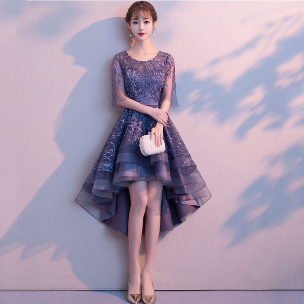Blue Floral Appliques O-Neck Half Sleeve Front Short Back Long Women Sexy Dresses For Party Night Club Slim Elegant Dress 18 1 Turn Heads with Our Blue Floral Appliques O-Neck Dress for Parties and Nightclubs