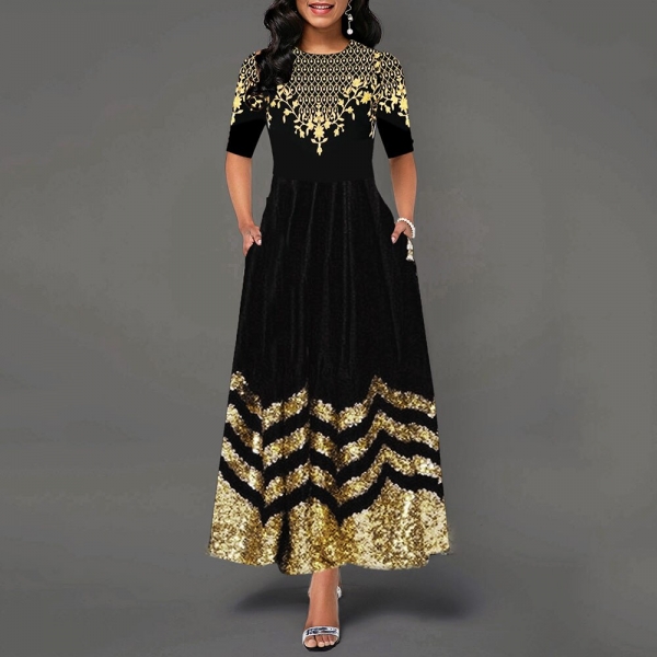 Women Round Neck Boho Dress Half Sleeve female elegant vintage floral printed a line pocket Black maxi dresses robe femme 19