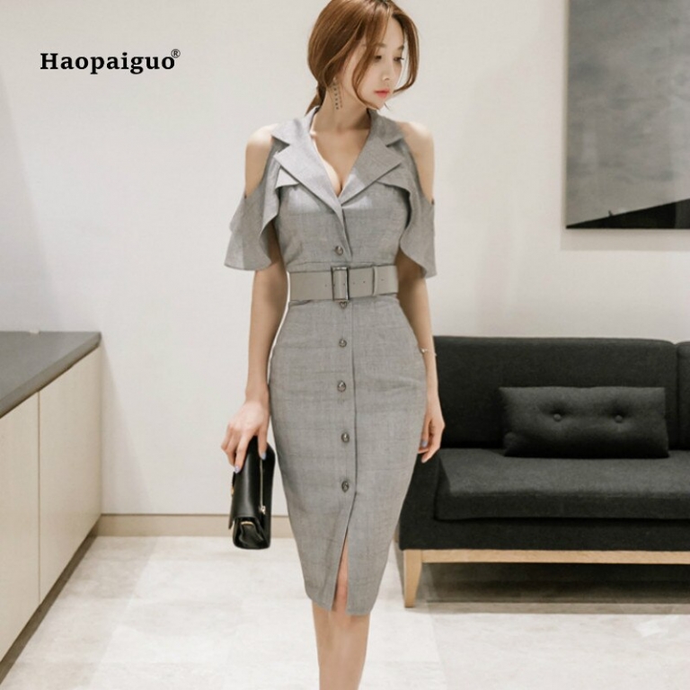 Plus Size Pencil Dress Summer Women Gray Half Butterfly Sleeve V-neck Knee-length Casual Office Lady Dress Elegant Party Dresses