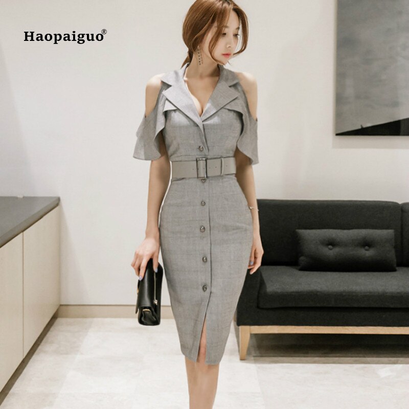 Plus Size Pencil Dress Summer Women Gray Half Butterfly Sleeve V-neck Knee-length Casual Office Lady Dress Elegant Party Dresses