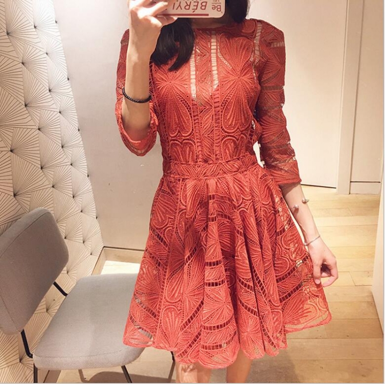 Women's Dresses Embroidery Lace Hook Flower Back Hollow Out Chic O Neck Half Sleeve Elegant Dress