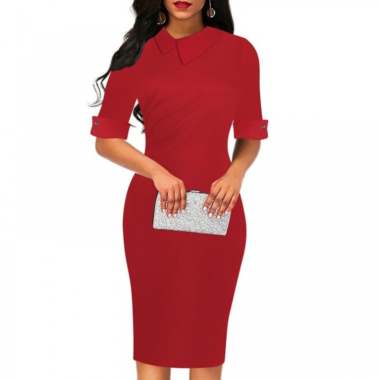 Fmasuth Red Dresses for Women Half Sleeve Knee Length Office Business Elegant Office Clothing Dress ox276
