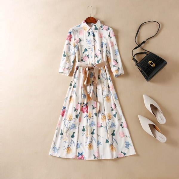 Women Runway Dress 19 High Quality Turn-Down Collar Half Sleeve Printed Elegant Dresses Casual Dress NP0343N 1 Turn-Down Collar Half Sleeve Printed Elegant Dresses Casual Dress