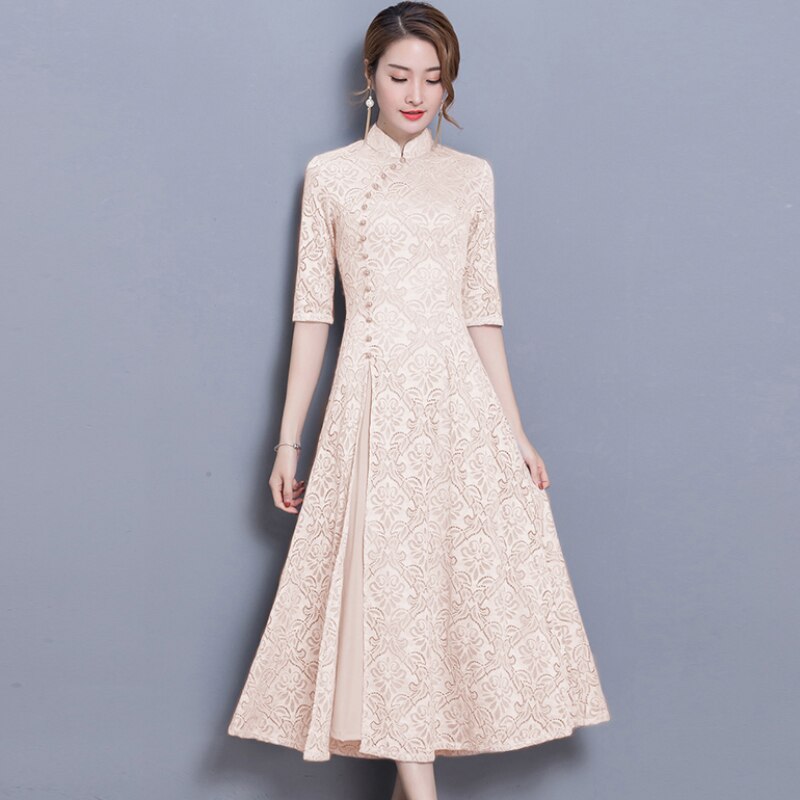 19 new vintage Lace Long dress women Summer Chinese Style A-Line dress Solid color Half sleeve Ankle-Length dress women 3 19 New Vintage Lace Long Dress for Women – Elegant Chinese Style A-Line Half Sleeve Ankle-Length Dress