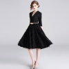 Feathers Patchwork Black A-line Office Dress 19 Spring Women Half Sleeve Notched Formal Dress Female Tassel Dress With Belt