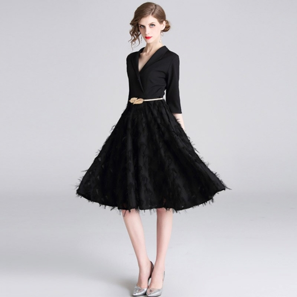 Feathers Patchwork Black A-line Office Dress 19 Spring Women Half Sleeve Notched Formal Dress Female Tassel Dress With Belt