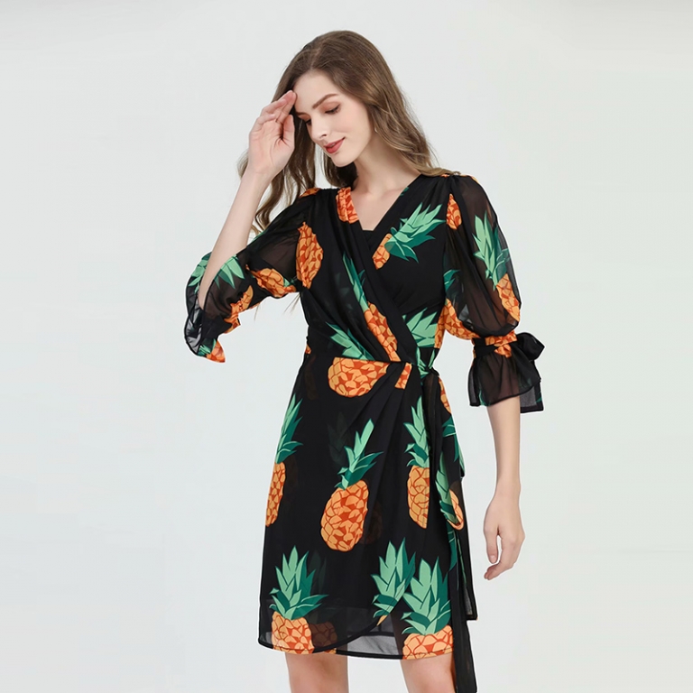HIGH QUALITY Newest Runway Dress Women's Half Sleeve Pineapple Print Casual DRESS